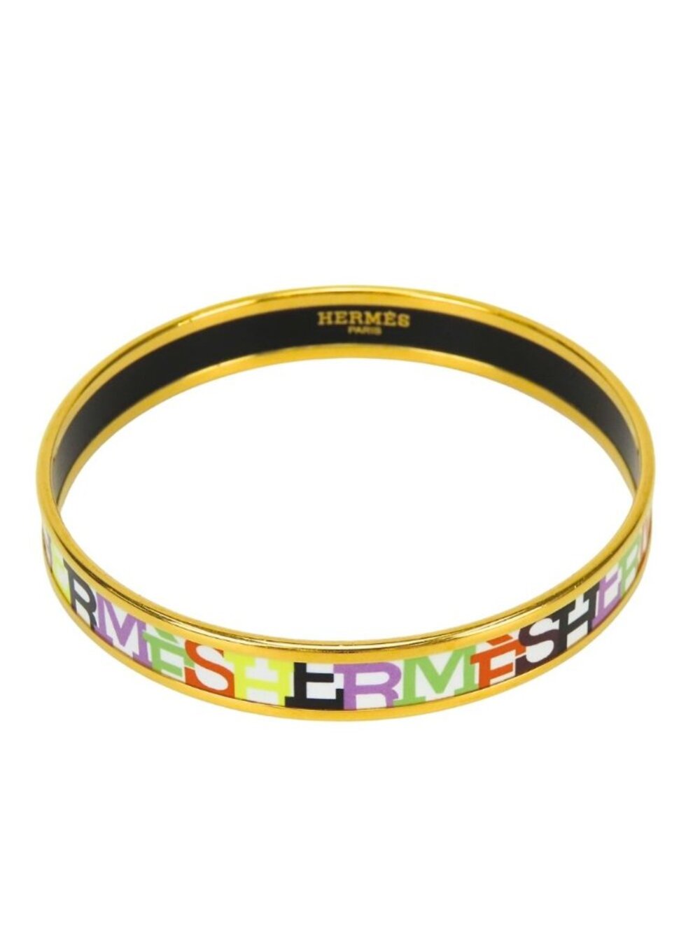 Hermes Bangle Enamel PM Metal White Multicolor Gold Cloisonne Bracelet